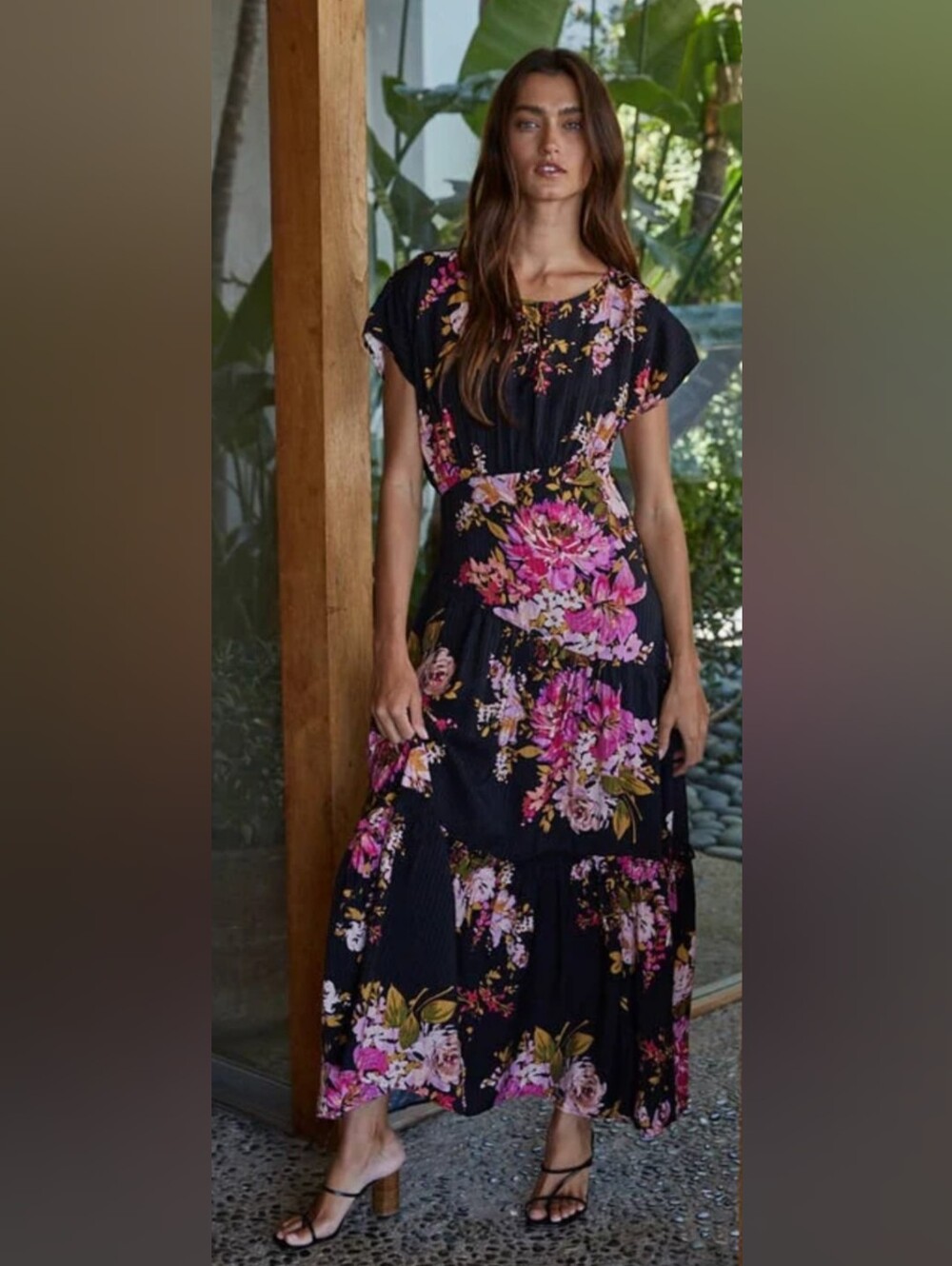 🌼 B2G1🌼 By Together Black Maxi Dress with Pink Floral Print Size Small NWT